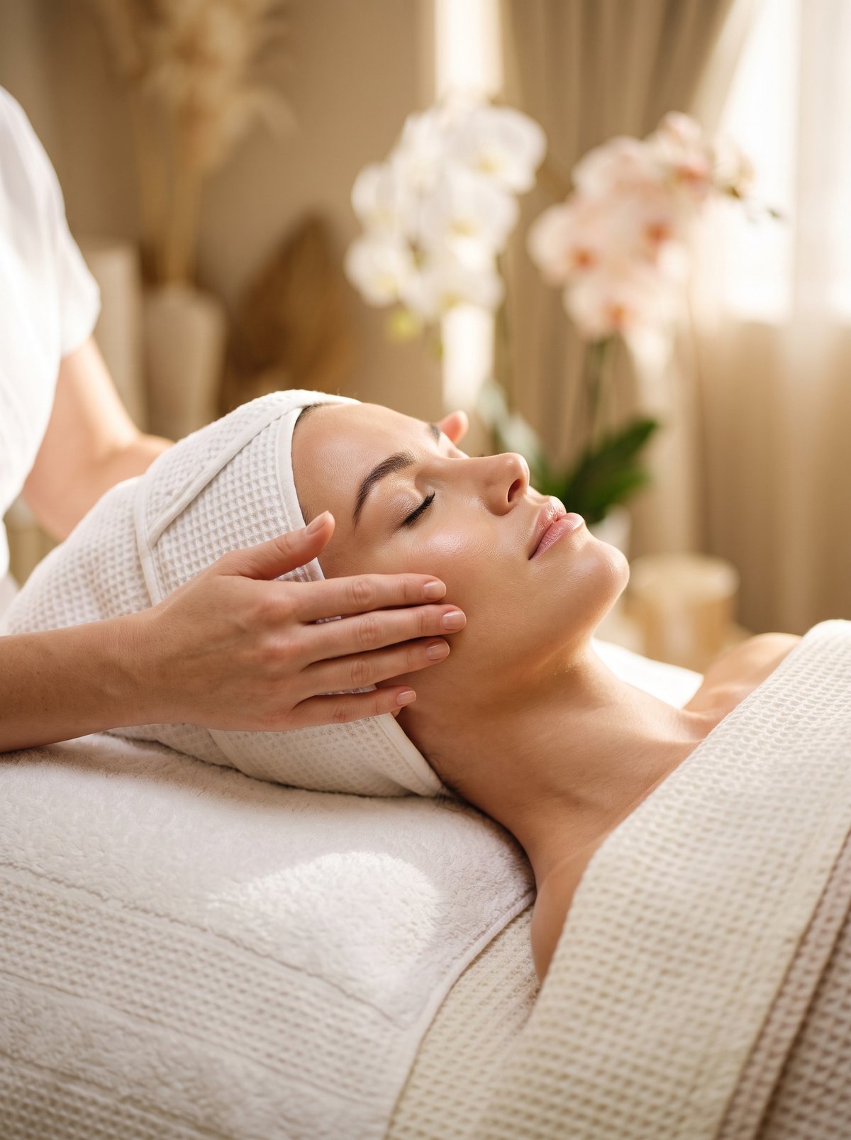 A facial in progress, the practitioner’s hands resting on the cheekbones