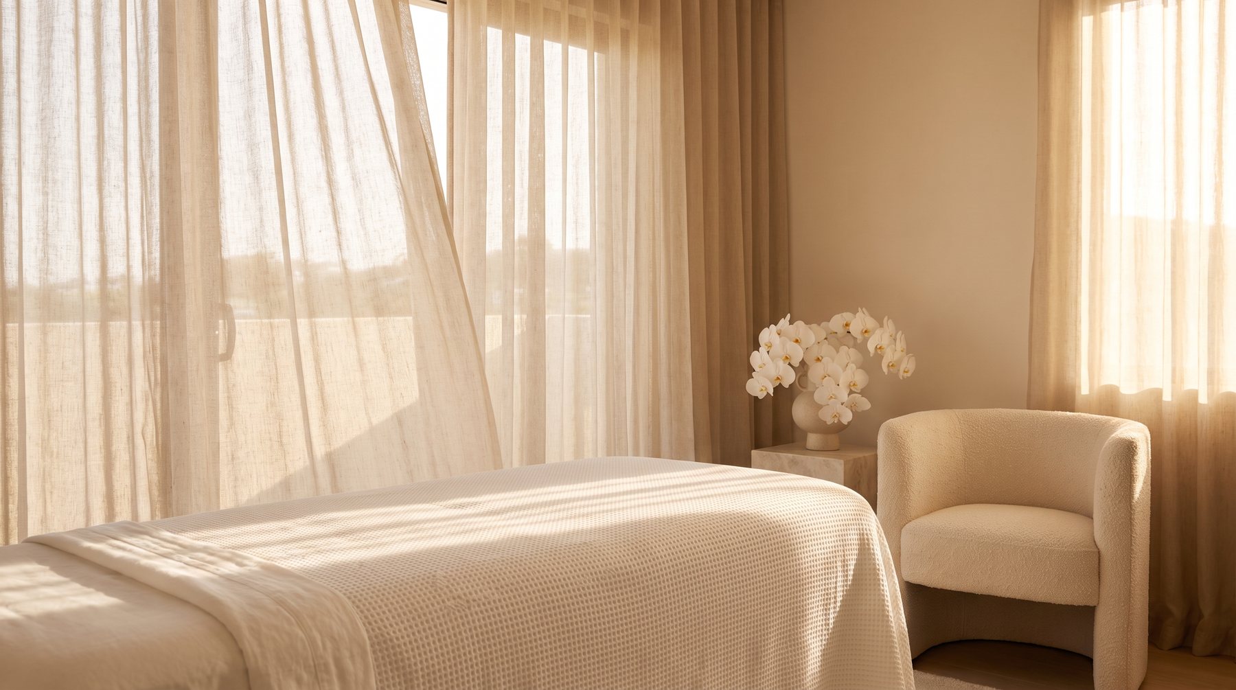 The treatment room at the clinic, light through a sheer curtain
