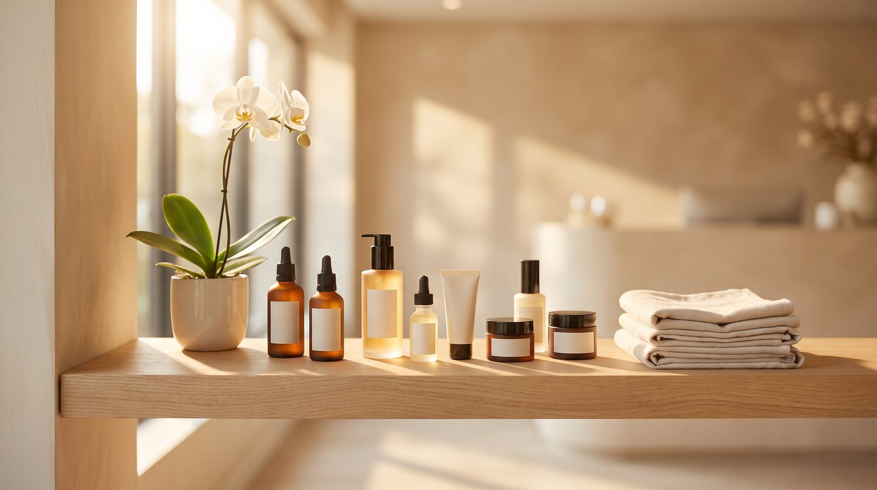 Professional skincare along a pale oak shelf at the clinic